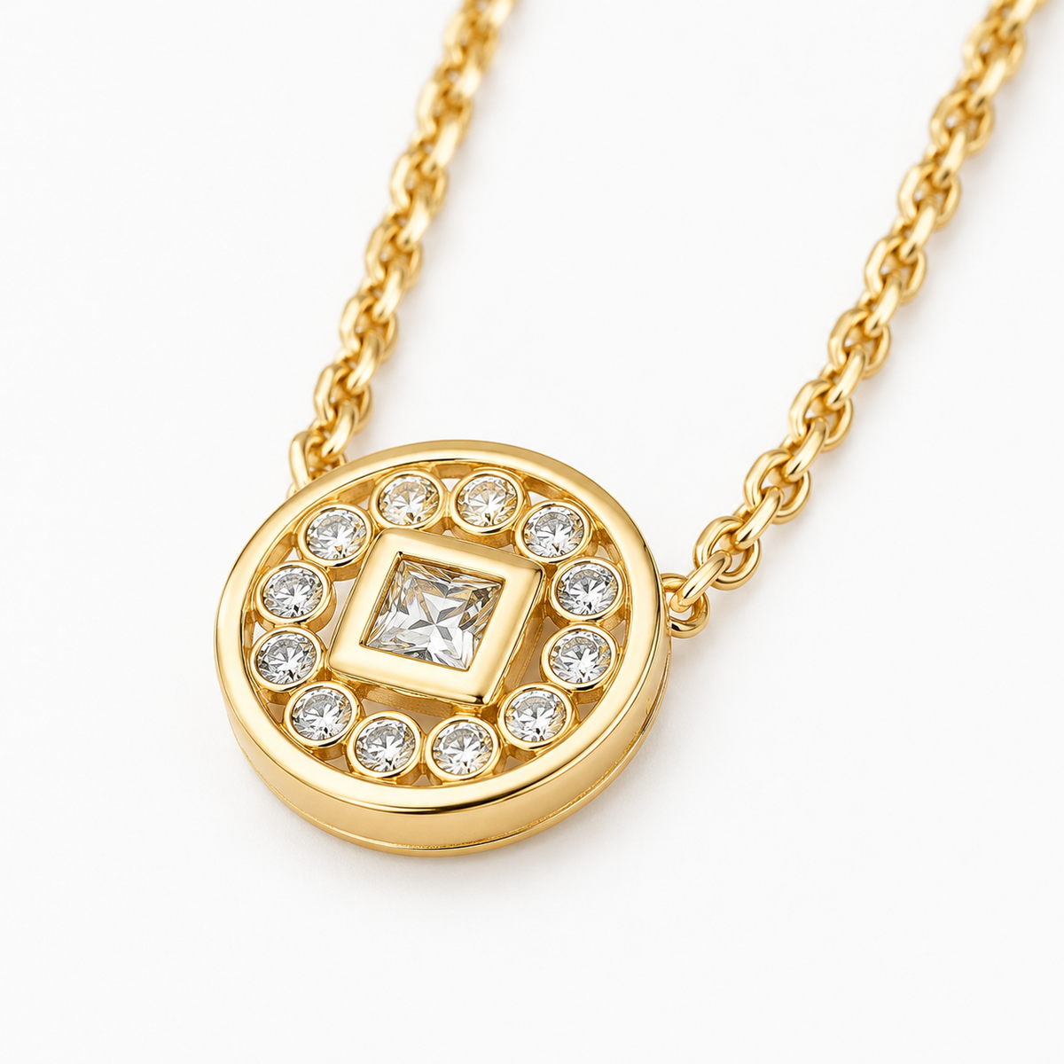 Close-up of square and round lab-grown diamonds in a 14K yellow gold medallion
