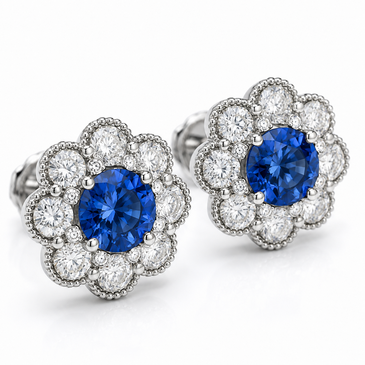 Close-up of round natural sapphire and natural diamond halo on Sapphire Diamond Cluster Stud Earrings
