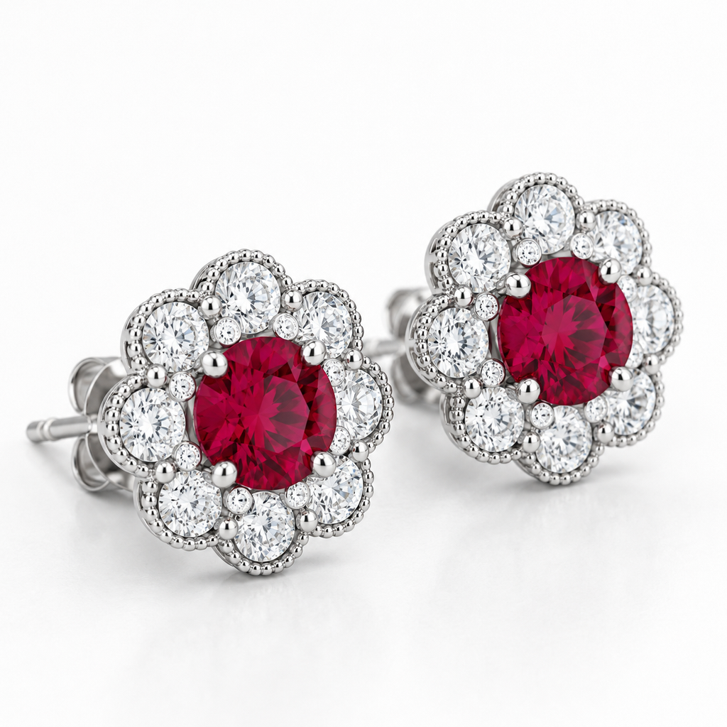 Close-up of round natural ruby and natural diamond halo on Ruby Diamond Cluster Stud Earrings
