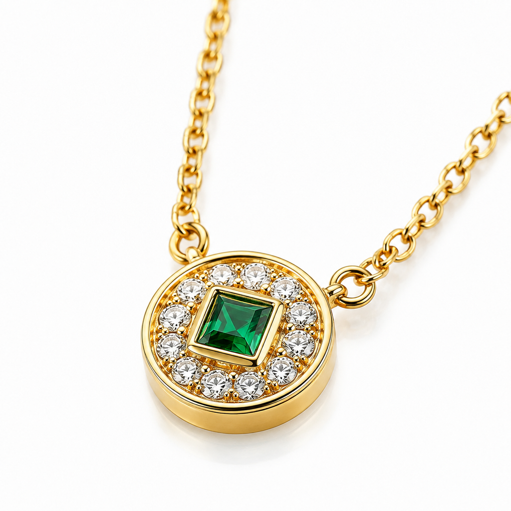 Close-up of square lab-grown emerald and pavé diamond medallion in yellow gold
